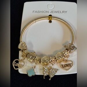 Chic Gold Bracelet with Blue Clover Butterfly & Heart Charm Bracelet